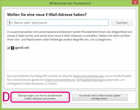 Thunderbird: Fenster "Willkommen bei Thunderbird"