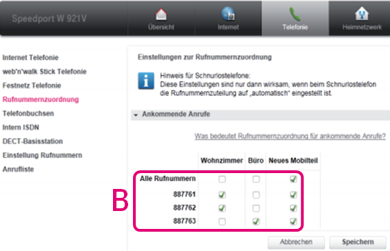 Rufnummernzuordnung im Speedport