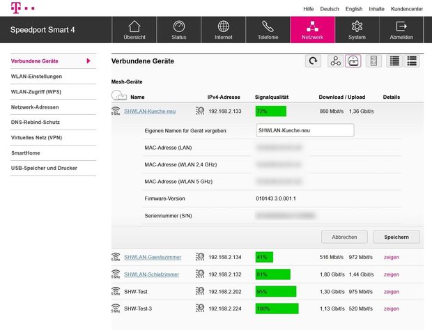 Möglichkeit im Konfigurationsmenü des Smart 4 einen eigenen Namen für Geräte zu vergeben