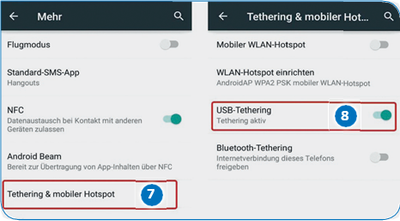 So aktivieren Sie bei einem Android-Smartphone die Funktion USB-Tethering.