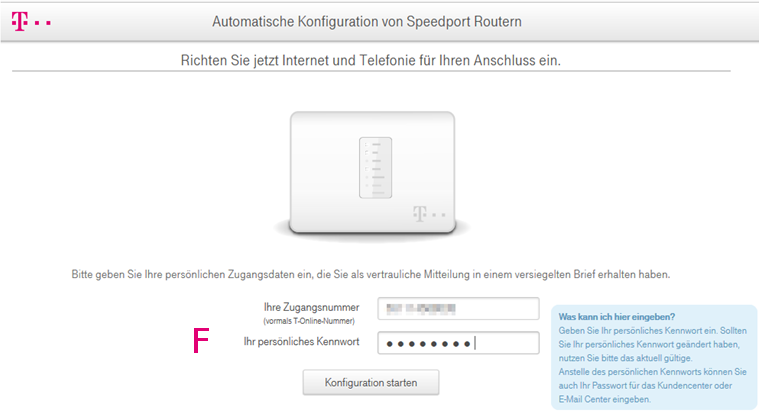 tragen Sie Ihre Zugangsdaten ein und klicken Sie auf "Konfiguration starten"