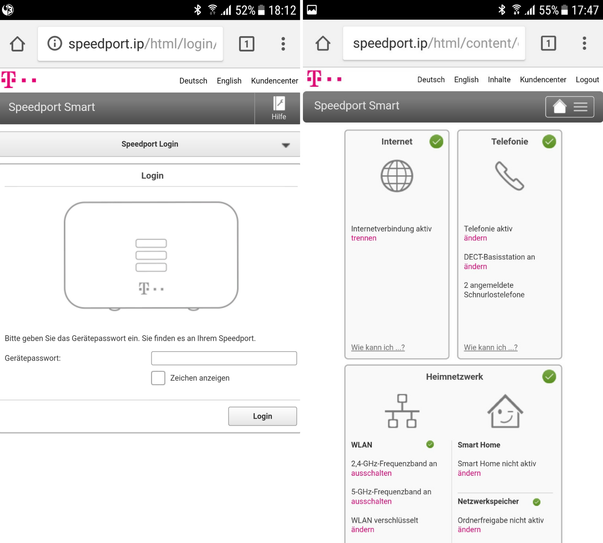 Konfigseite des Speedport Smarts auf einem Smartphone