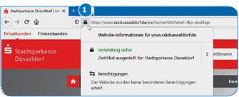 Per Klick auf das Schloss-Symbol (1) zeigt der Browser das Zertifikat an, und Sie wissen, ob Sie mit der richtigen Internetseite verbunden sind.