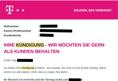 Eingangsbestätigung Kündigung Mobilfunk